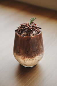 High angle view of ice cream in glass on table