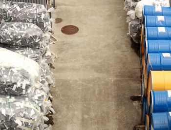 High angle view of plastic stack on table