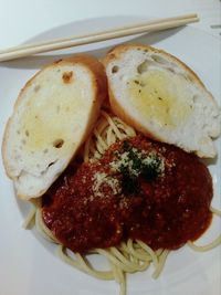 High angle view of bread in plate on table