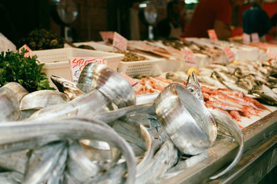 High angle view of fish for sale at market stall