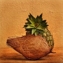 Close-up of coconut and pineapple on floor