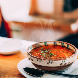 Close-up of soup in bowl on table