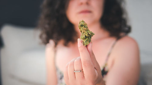 Close-up of woman holding plant