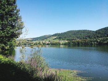 Scenic view of lake against clear blue sky