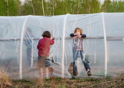 Brothers standing by plastics at greenhouse