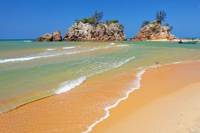 Scenic view of beach against clear sky