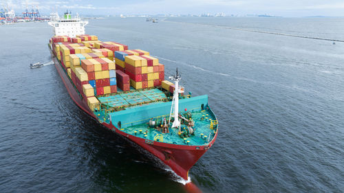 High angle view of ship in sea