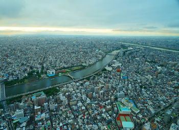 High angle view of cityscape against cloudy sky