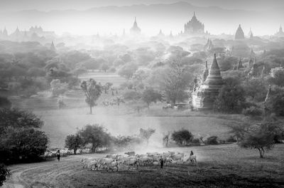 Myanmar, bagan, pagodas, scenic view of landscape