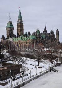 Buildings in city during winter