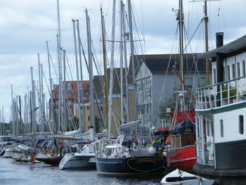 Sailboats moored in harbor