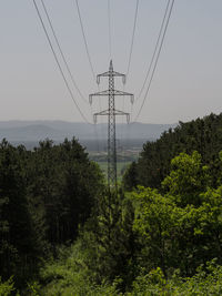 Low angle view of electricity pylon in forest against sky