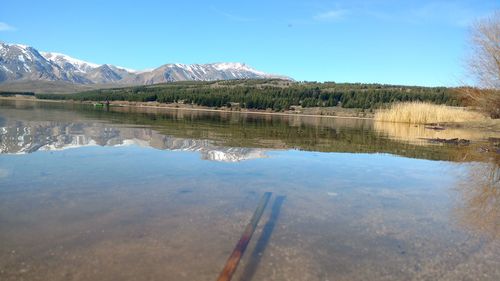 Scenic view of calm lake against clear sky