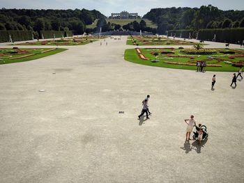 High angle view of people on grassland