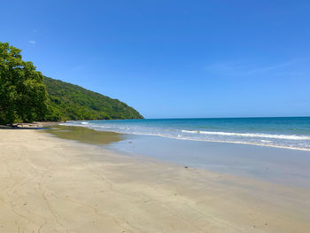 Scenic view of beach against clear blue sky