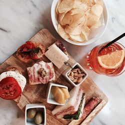 High angle view of food on cutting board