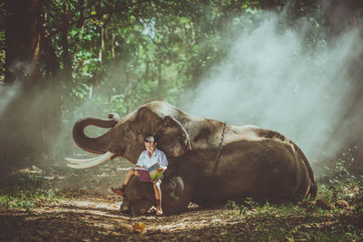 Full length of senior man sitting on land in forest