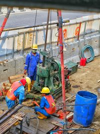 High angle view of men working