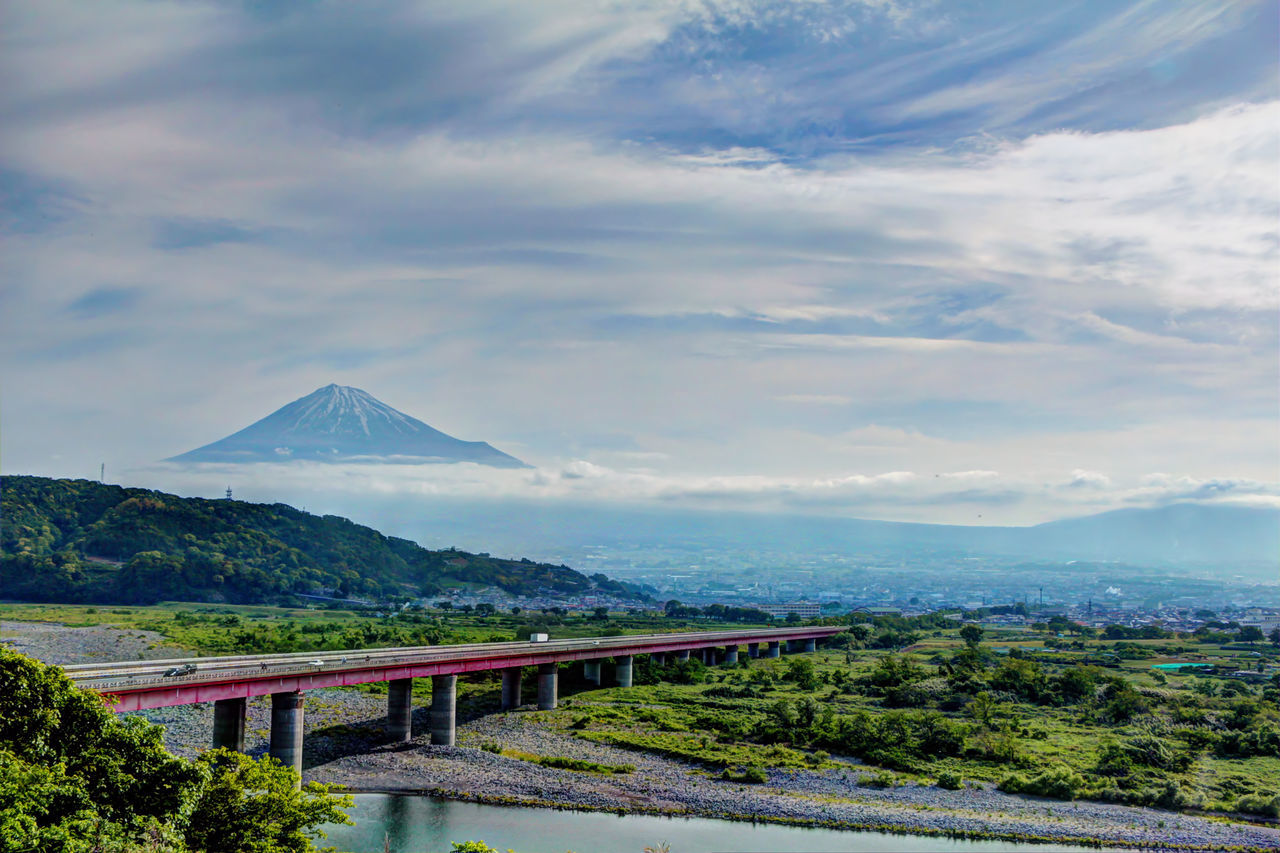 mountain, mountain range, sky, cloud - sky, tranquil scene, scenics, beauty in nature, landscape, tranquility, railing, built structure, nature, cloudy, cloud, architecture, connection, river, water, day, tree