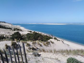 Scenic view of sea against clear blue sky