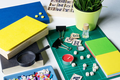 High angle view of various objects on table