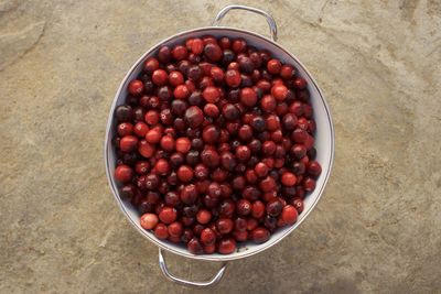 High angle view of cranberries in bowl