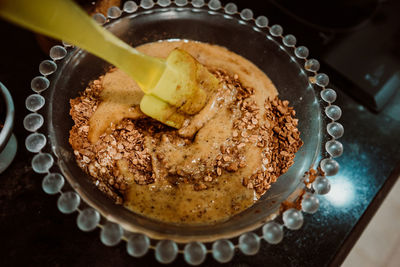 High angle view of dessert in bowl on table