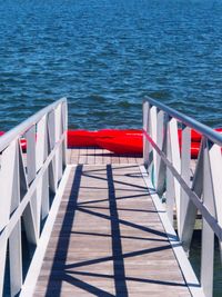 High angle view of red ship in sea