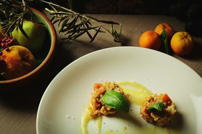 High angle view of breakfast on table