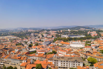 High angle view of townscape against clear sky