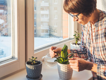 Woman takes care of succulent plants in flower pots on window sill. sansevieria, crassula. 