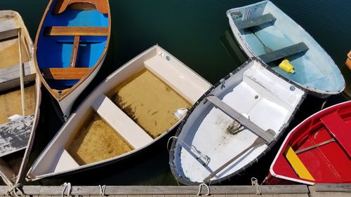 High angle view of boats moored in lake