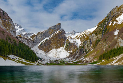 Scenic view of lake by snowcapped mountains against sky