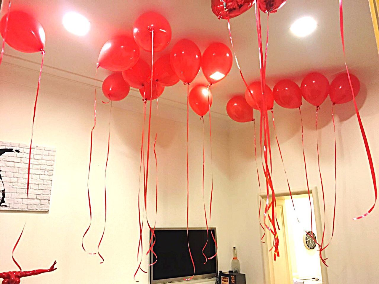 hanging, red, indoors, low angle view, balloon, illuminated, no people, celebration, technology, night