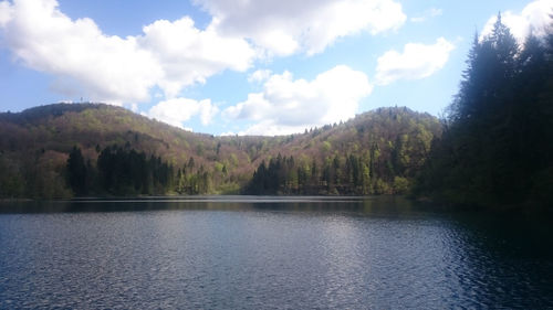Scenic view of lake and mountains against sky