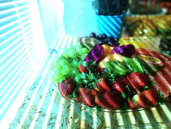 High angle view of strawberries on table