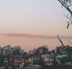 High angle view of buildings against sky at sunset