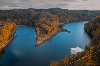 High angle view of lake against sky during autumn