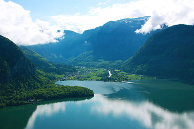 Scenic view of river and mountains against sky