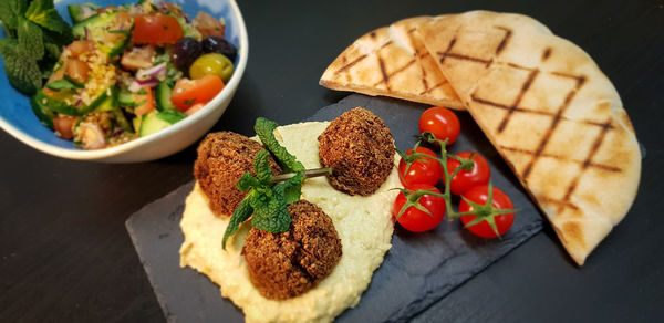 High angle view of meal served on table