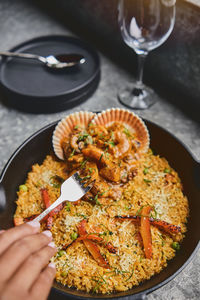 High angle view of food in plate on table