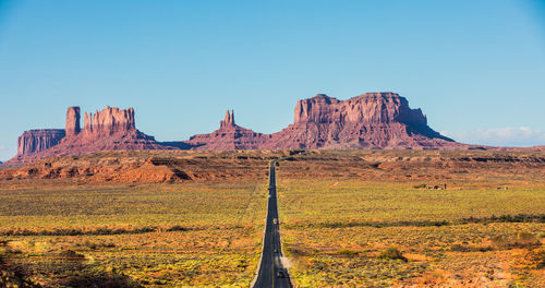 Scenic view of rock formations against clear blue sky