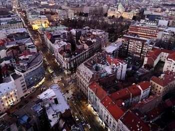 High angle view of street amidst buildings in town