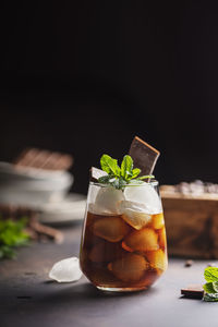 Close-up of drink served on table