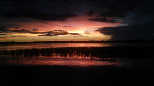 Scenic view of lake against cloudy sky