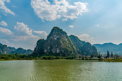 Scenic view of lake and mountains against sky