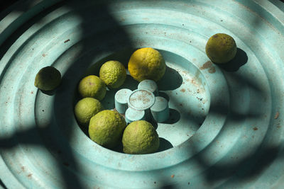 High angle view of kaffir limes on metal