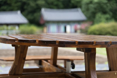 Close-up of wooden table at farm