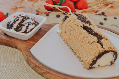 High angle view of cake in plate on table