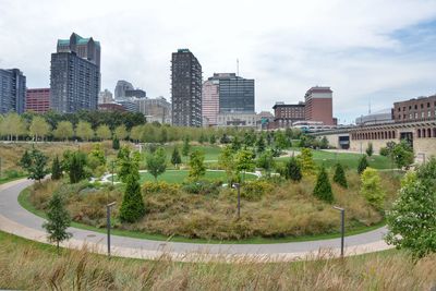 Trees and buildings in city against sky